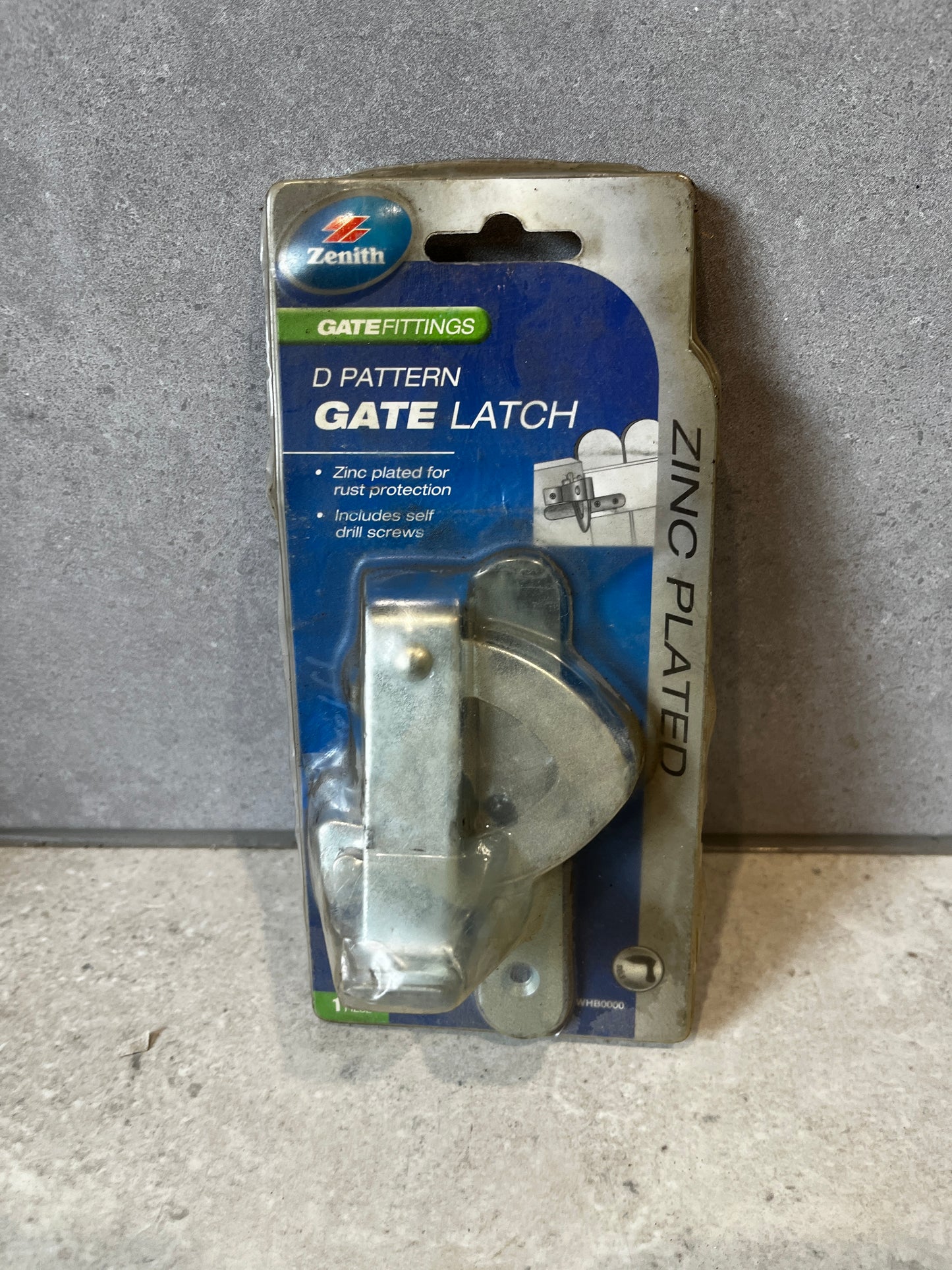 Zenith D Pattern Zinc Plated Gate Latch in retail packaging