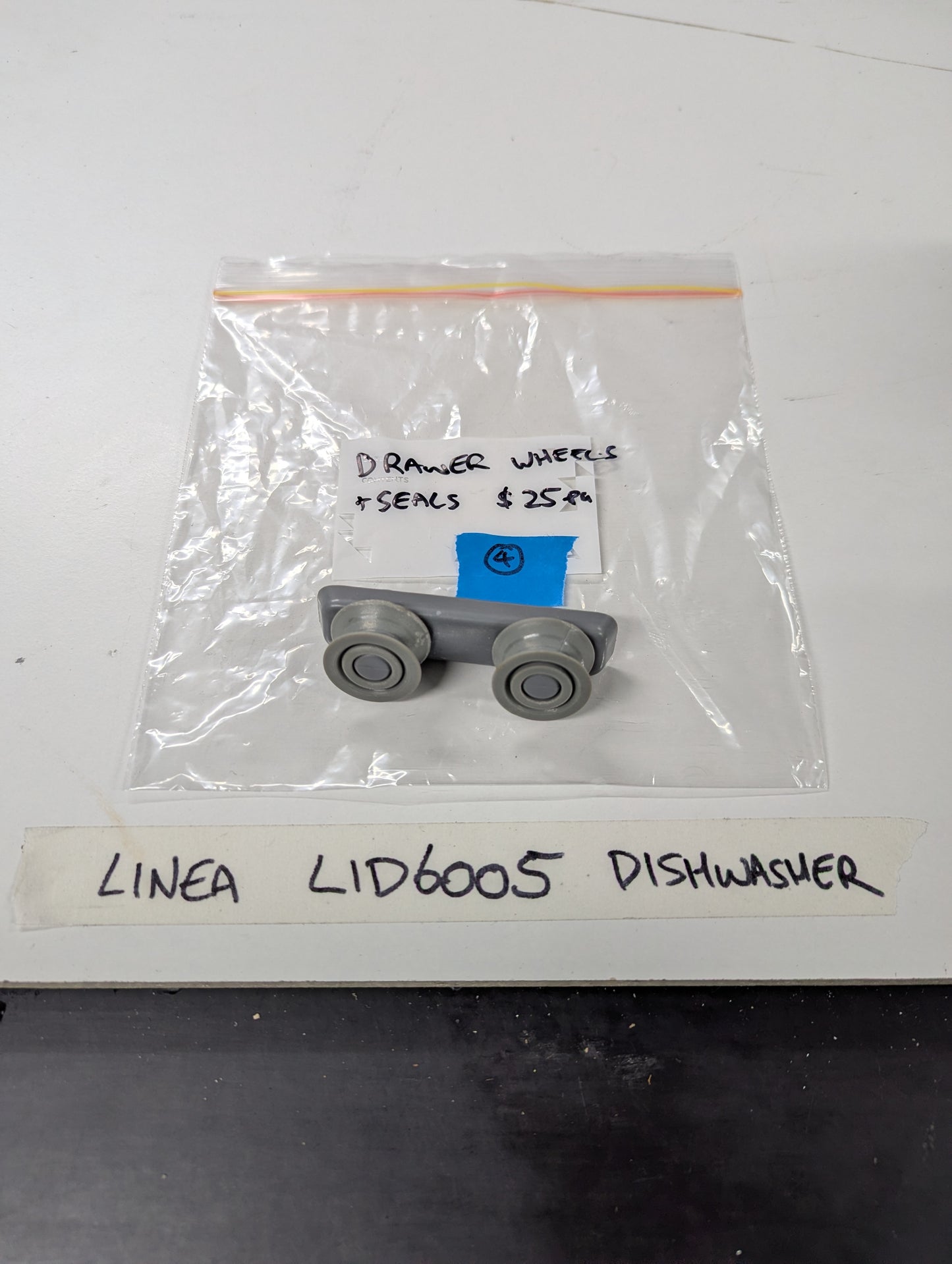 Linea LID6005 dishwasher drawer wheels and seals set in clear plastic bag