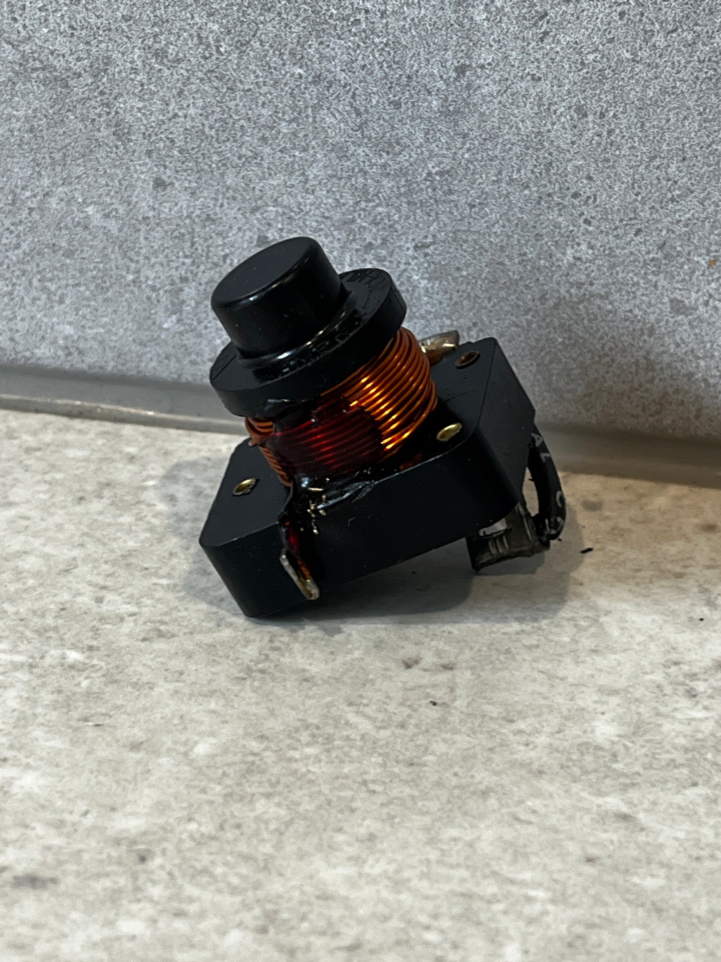 Side view of a compact momentary push button switch showing copper winding