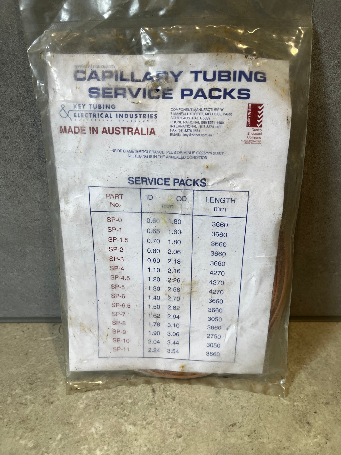 Back view of Capillary Tubing Service Pack SP-4.5 showing specifications and Australian manufacturer details