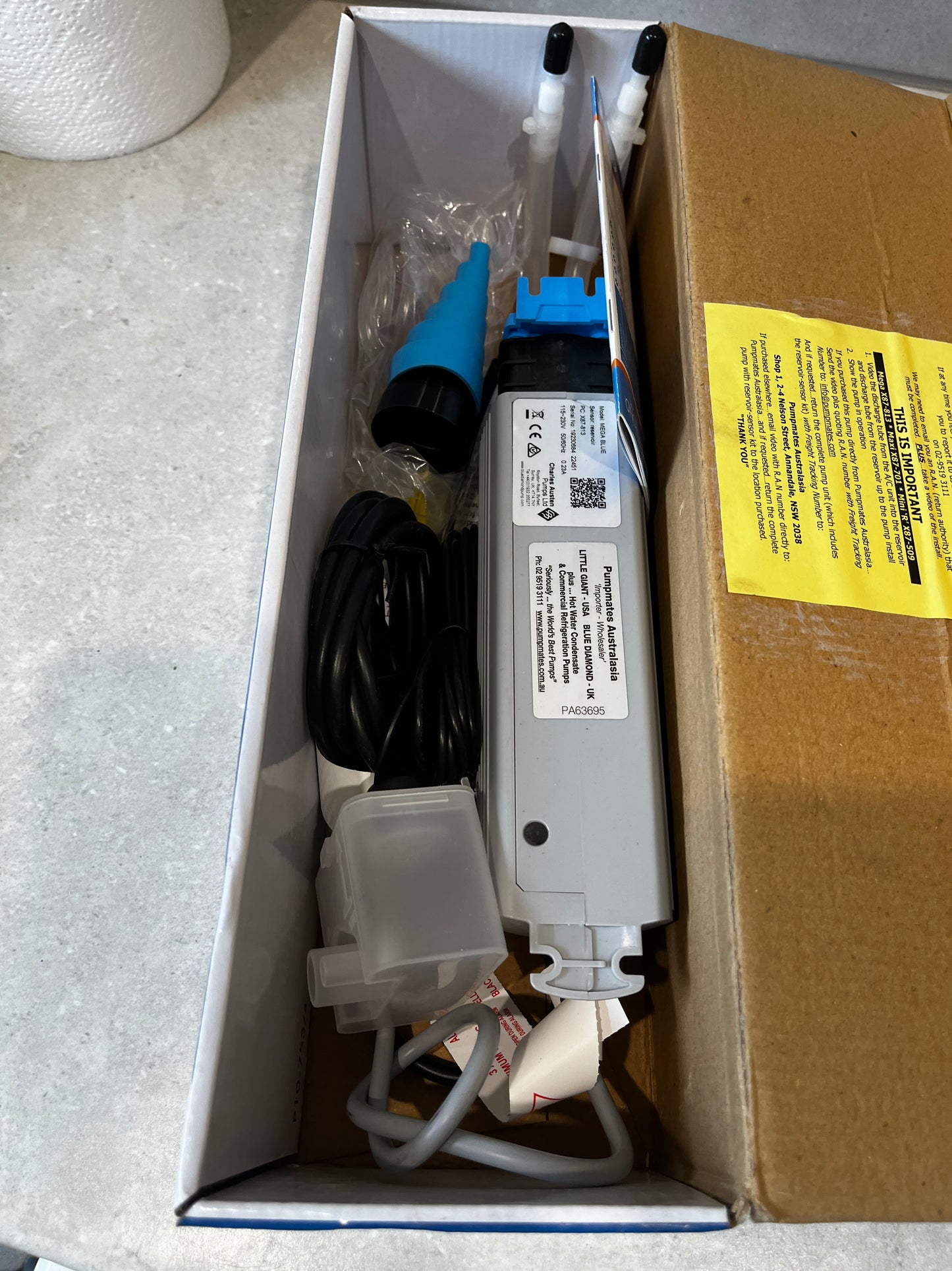 Top view of MegaBlue pump kit with included parts