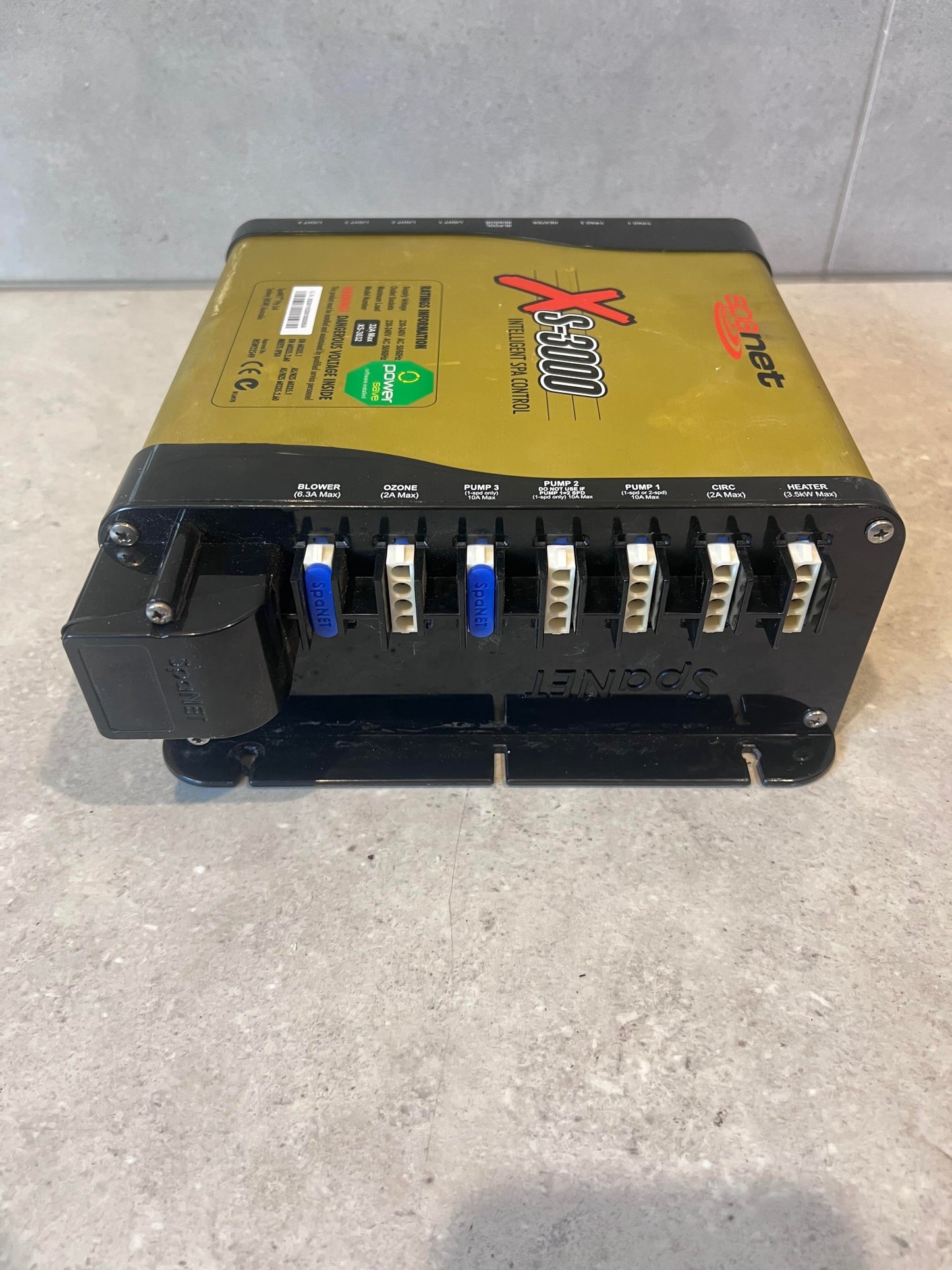 Rear view of SpaNet XS-3000 Intelligent Spa Controller with labeled connection terminals