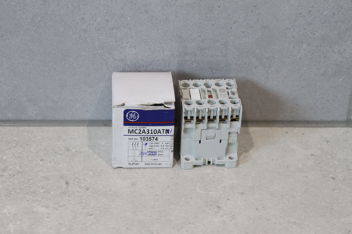 GE Contactor, IEC, Mini, 3-Pole, 24VAC Coil, 12A, 1NO Aux MC2A310AT1