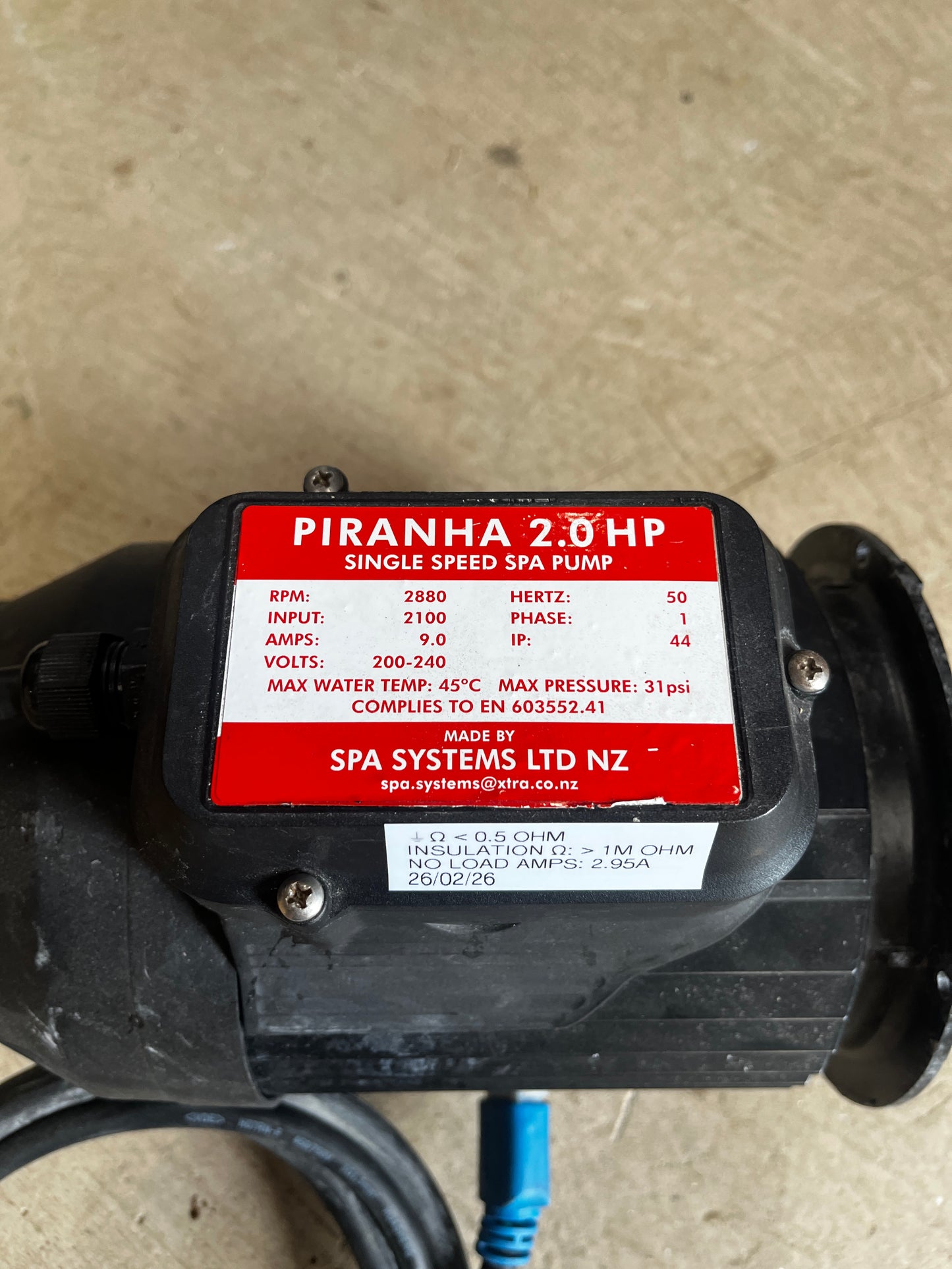 Spanet Piranha 2.5HP 1 Speed Spa Booster Pump - Motor only
