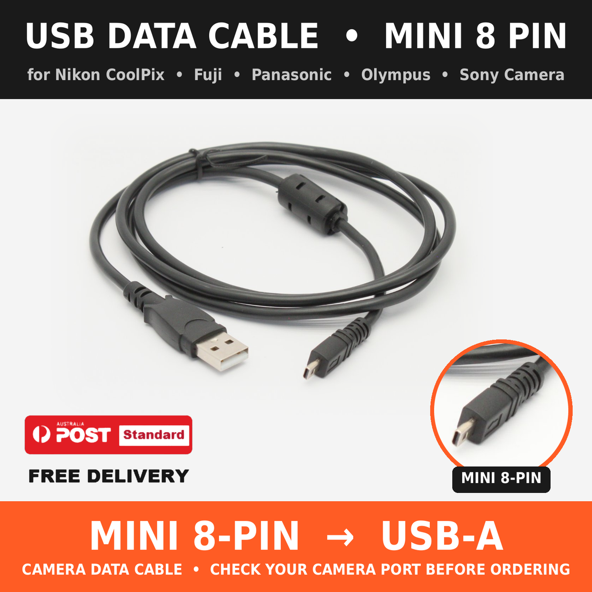 USB Data Cable Mini 8 Pin for Nikon CoolPix Fuji Panasonic Olympus Sony Camera 1 Meter