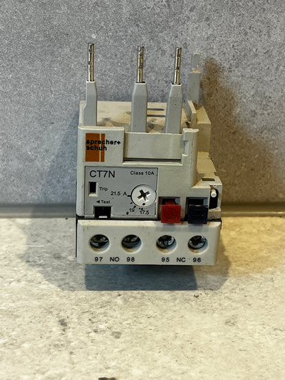 Front view of Sprecher+Schuh CT7N thermal overload relay showing terminals and adjustment dial