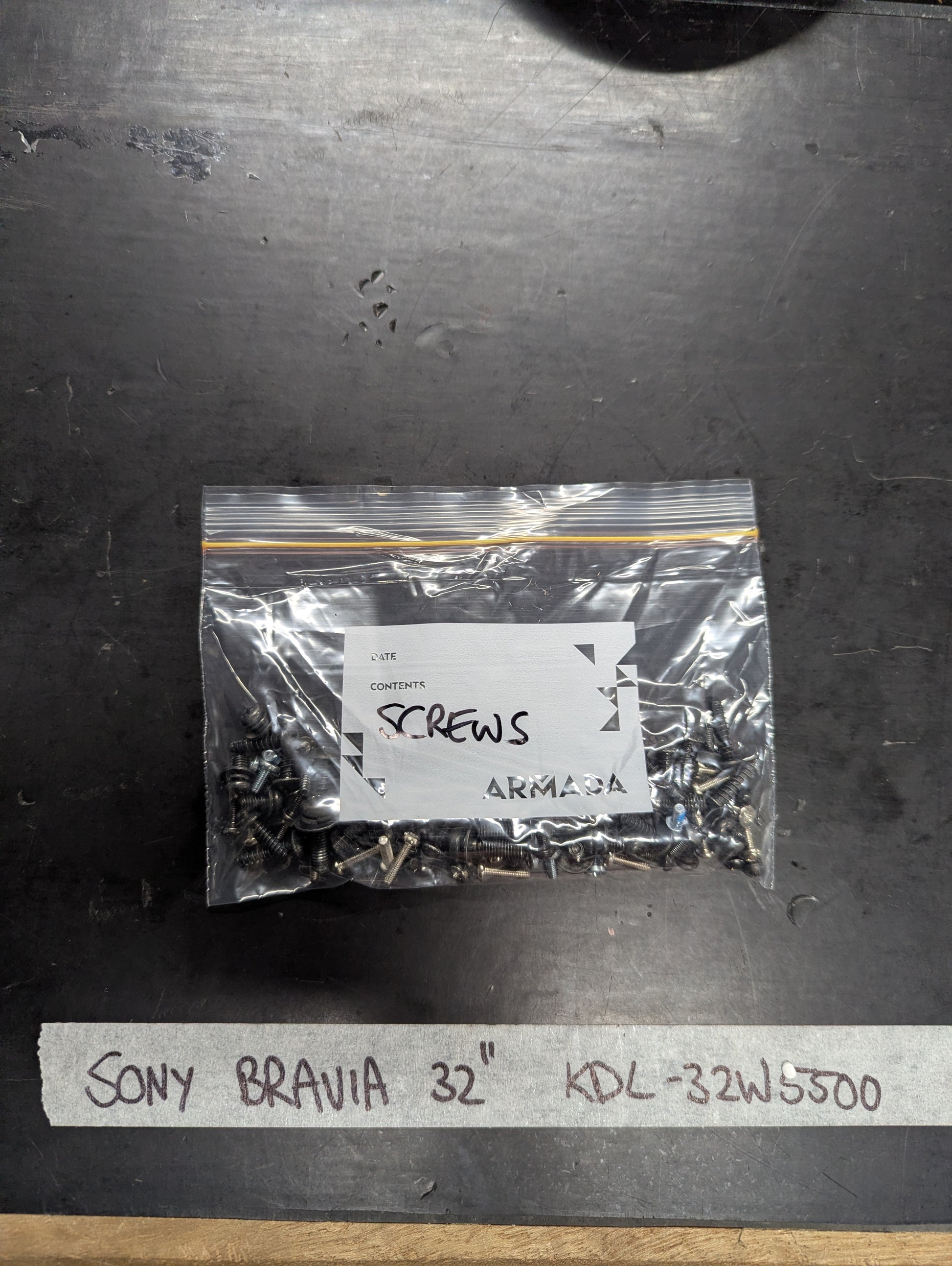 Bag of assorted screws labeled for Sony Bravia 32-inch KDL-32W5500 TV