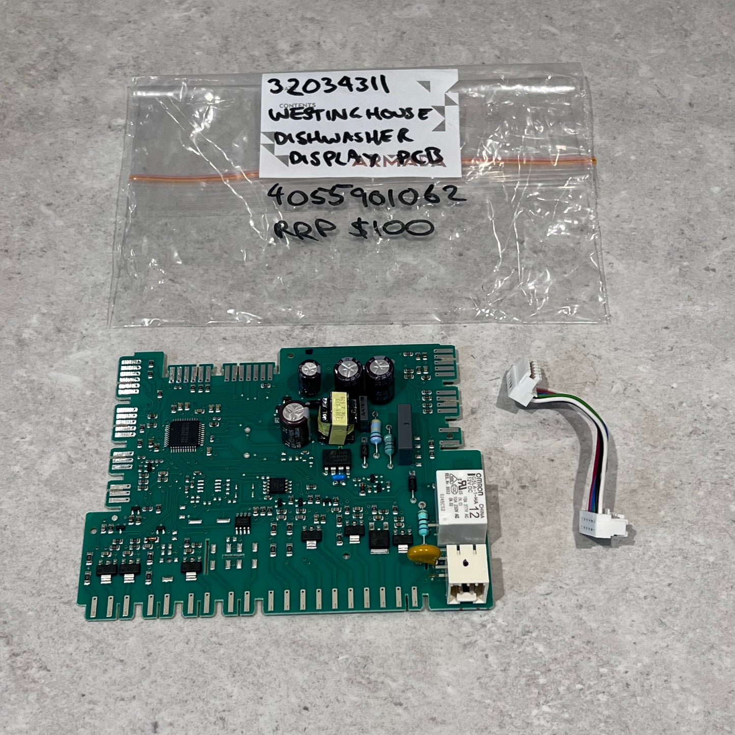 Westinghouse dishwasher display PCB board with wiring harness and labeled bag