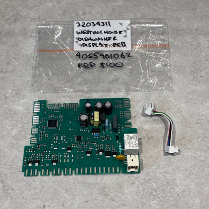 Westinghouse dishwasher display PCB board with wiring harness and labeled bag