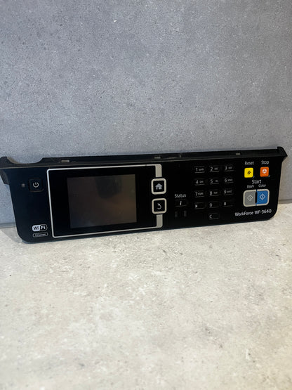 Front view of Epson WorkForce WF-3640 control panel with LCD screen, keypad, and buttons