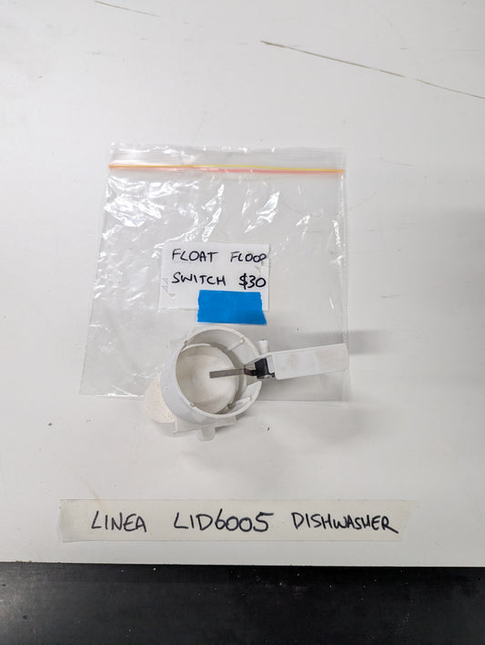 Linea LID6005 dishwasher float flood switch on a white surface with labeled bag