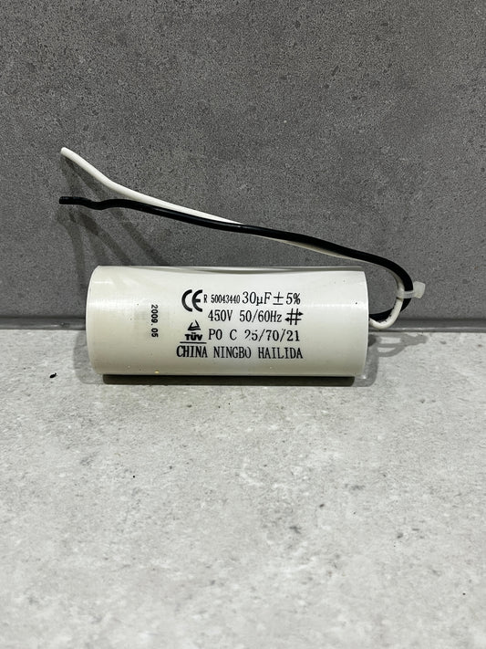 30uF 450V cylindrical run capacitor with attached black and white wires