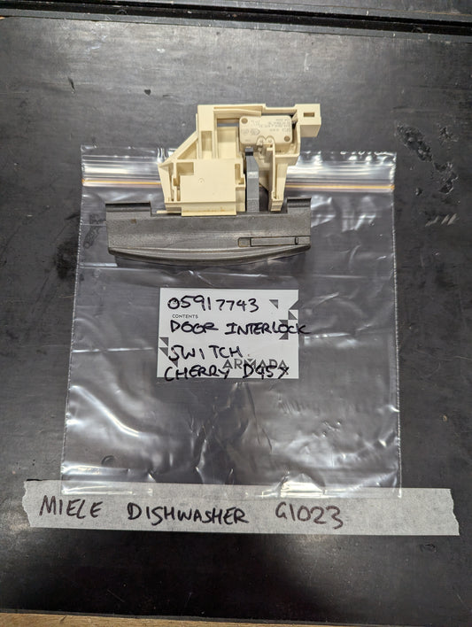 Miele dishwasher G1023 door interlock switch replacement part on labeled bag