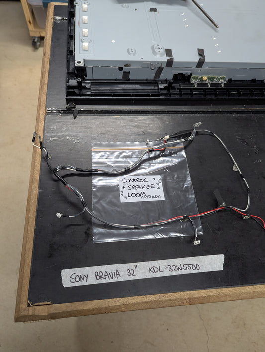 Sony Bravia KDL-32W5500 control and speaker loom wiring harness on workbench