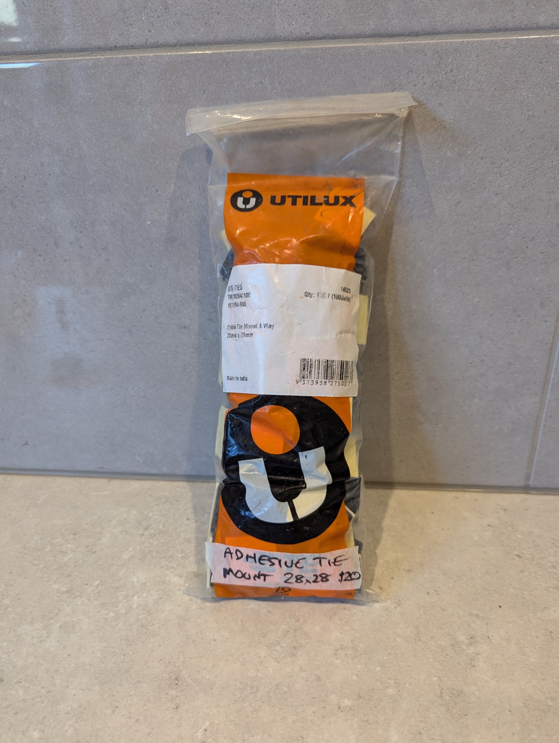Utilux adhesive cable tie mounts pack 28x28mm in sealed packaging