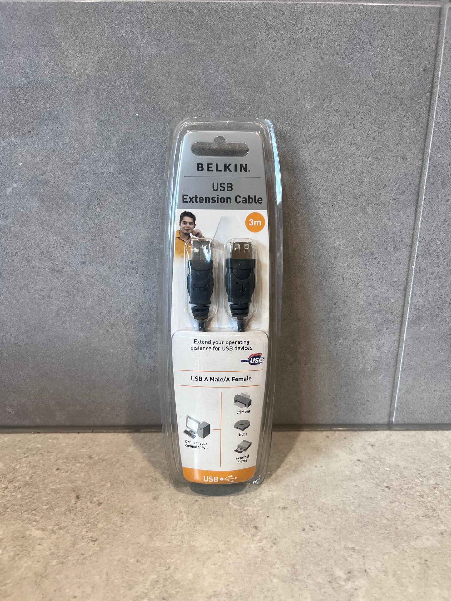 Front of Belkin USB Extension Cable 3m in retail packaging showing connectors
