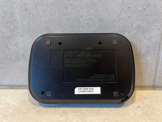Bottom view of JVC CU-VC7U Everio Docking Station showing product label and serial number