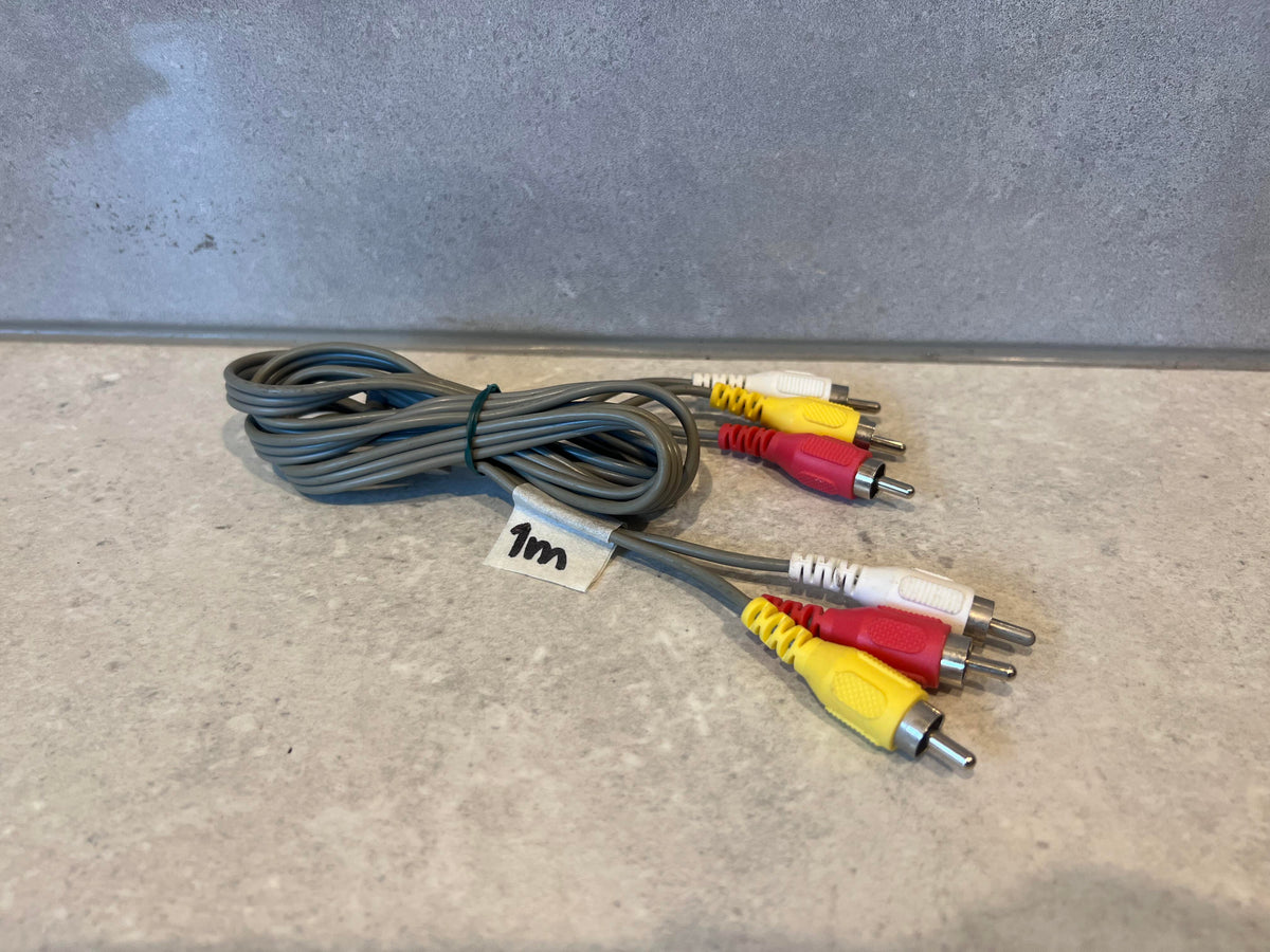 1 meter RCA audio video cable with yellow, red, and white connectors