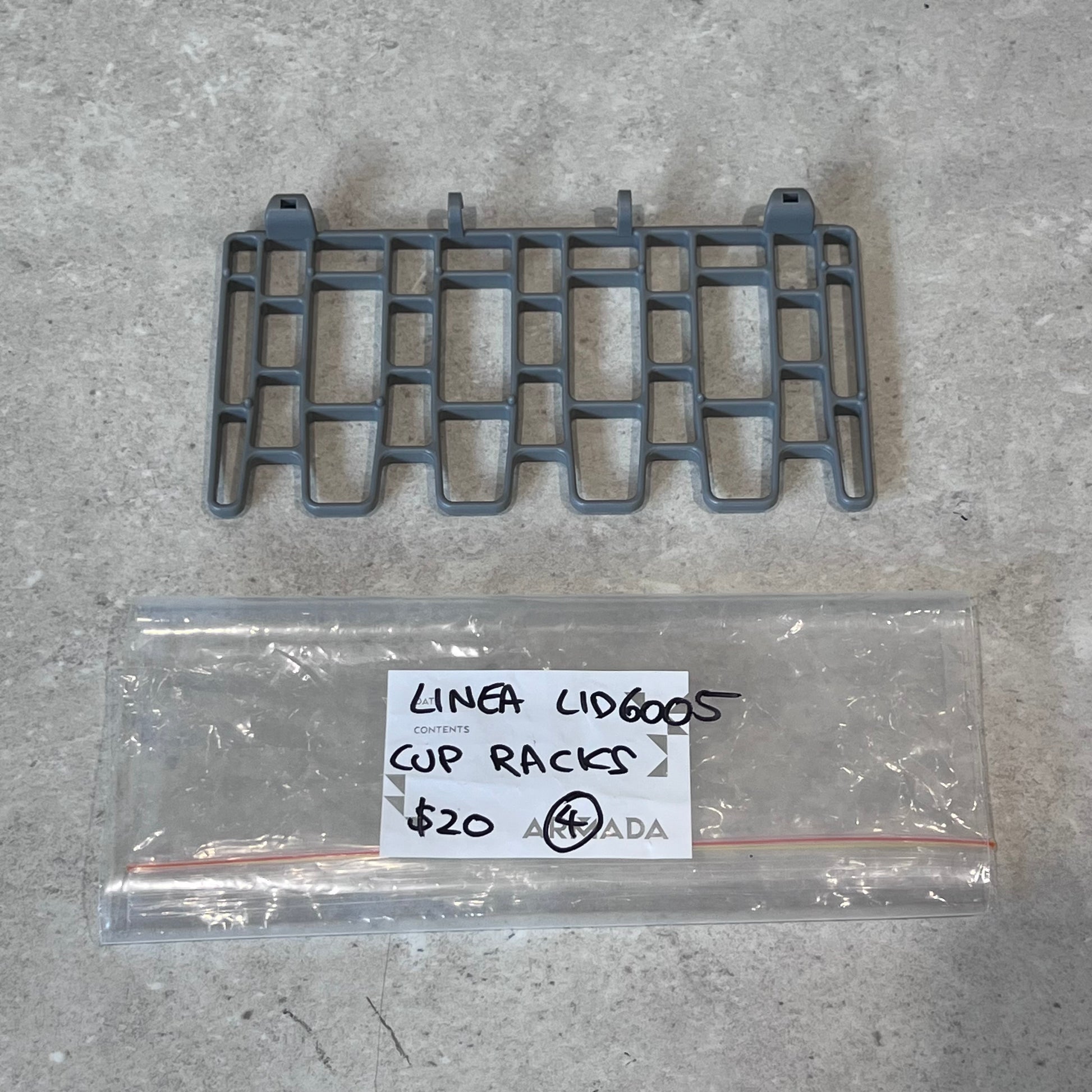 Linea LID6005 gray plastic cup rack with labeled bag