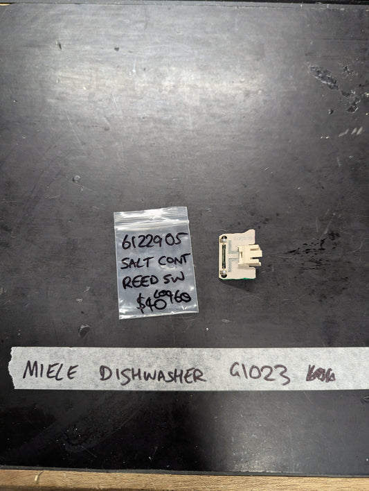 Miele dishwasher salt control reed switch part for G1023 with labeled bag on black background