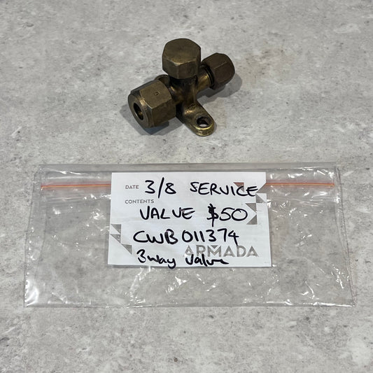 Brass 3/8 inch 3-way service valve with labeled plastic bag