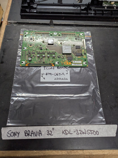 Sony Bravia 32-inch KDL-32W5500 TCON board with part number 1-879-067-11 on anti-static bag