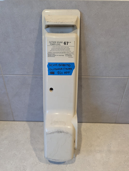 Air conditioner outdoor unit cover in off-white plastic, labeled model ACXH13C00170