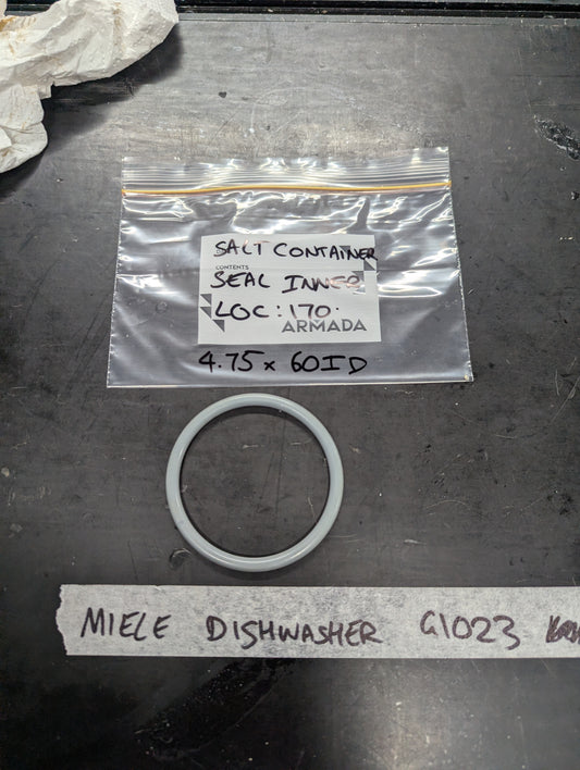 Gray circular seal and labeled bag for Miele dishwasher G1023 salt container