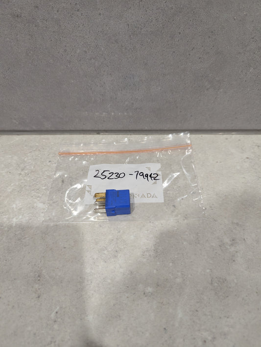 Blue automotive relay plug connector in clear plastic bag labeled 25230-79942