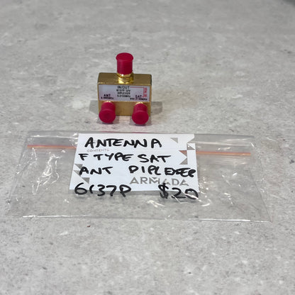 F Type SAT Antenna Diplexer with red protective caps and labeled bag on gray surface