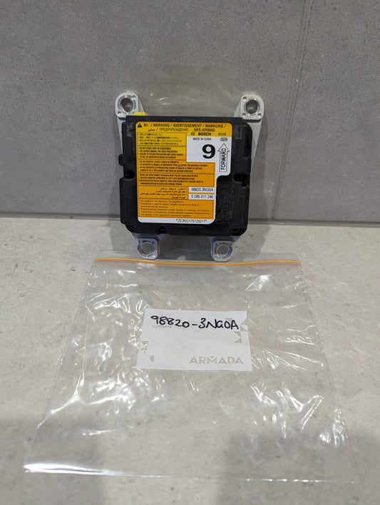 Bosch SRS airbag control module with yellow warning label and part number 98820-3NA0A
