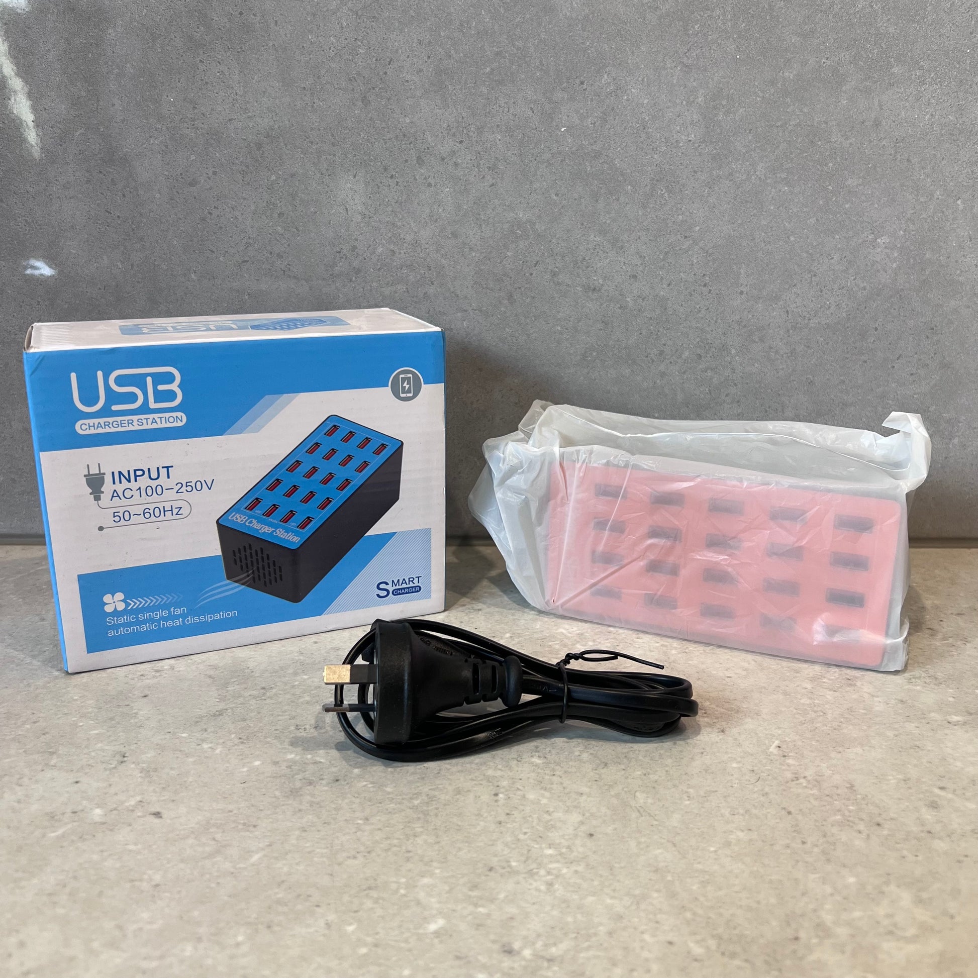 USB charger station with power cord and packaging