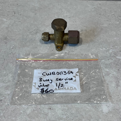 Top view of 3-way brass service valve with labeled bag