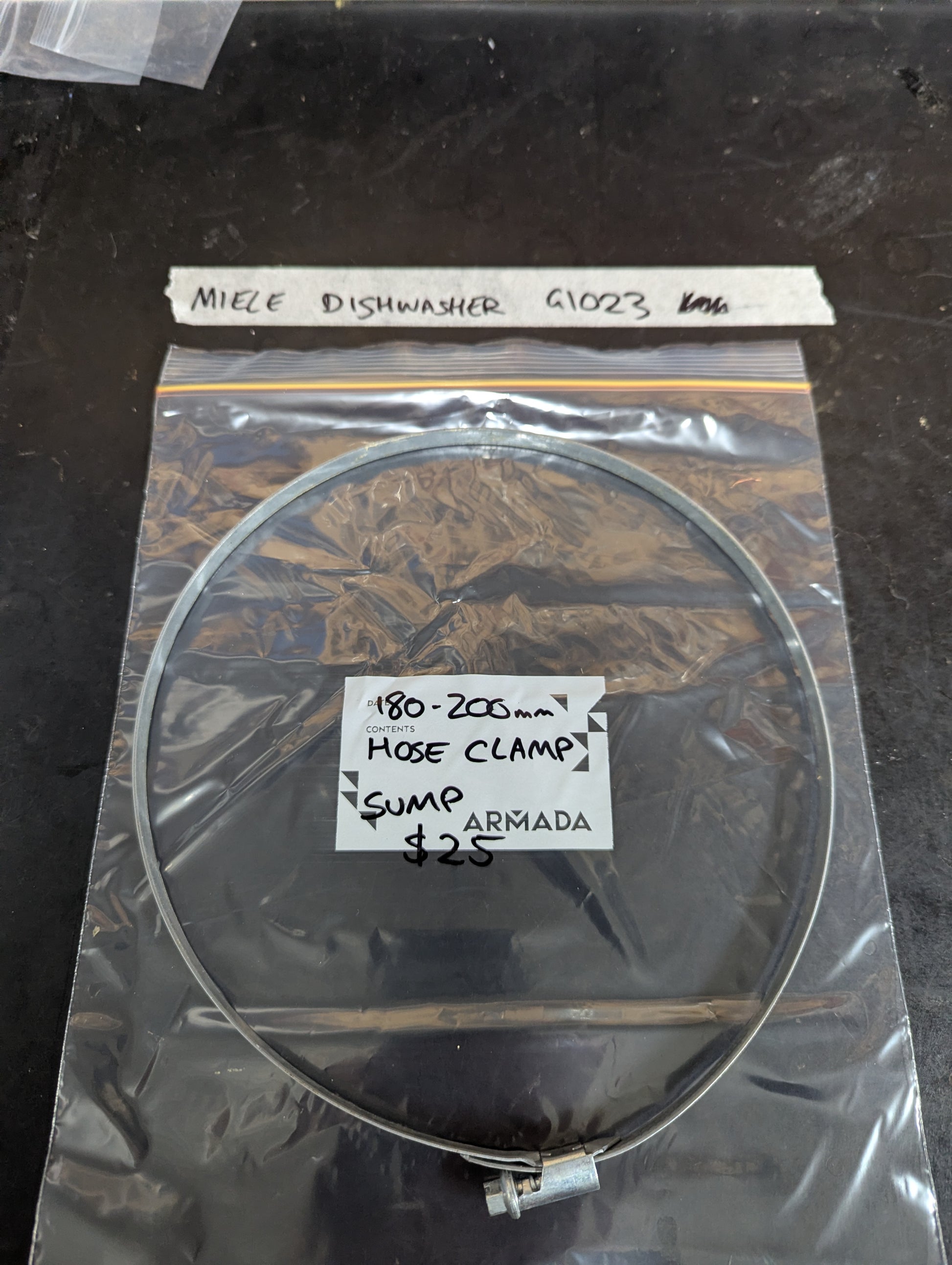 Miele dishwasher G1023 sump hose clamp inside labeled bag