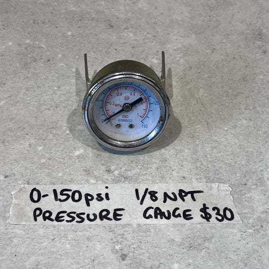 0-150 psi pressure gauge with 1/8 NPT fitting for CUT50 plasma cutter, gauge displayed on gray surface with information label