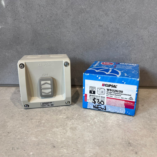Clipsal WS226/20 weatherprotected surface switch with original box on a countertop