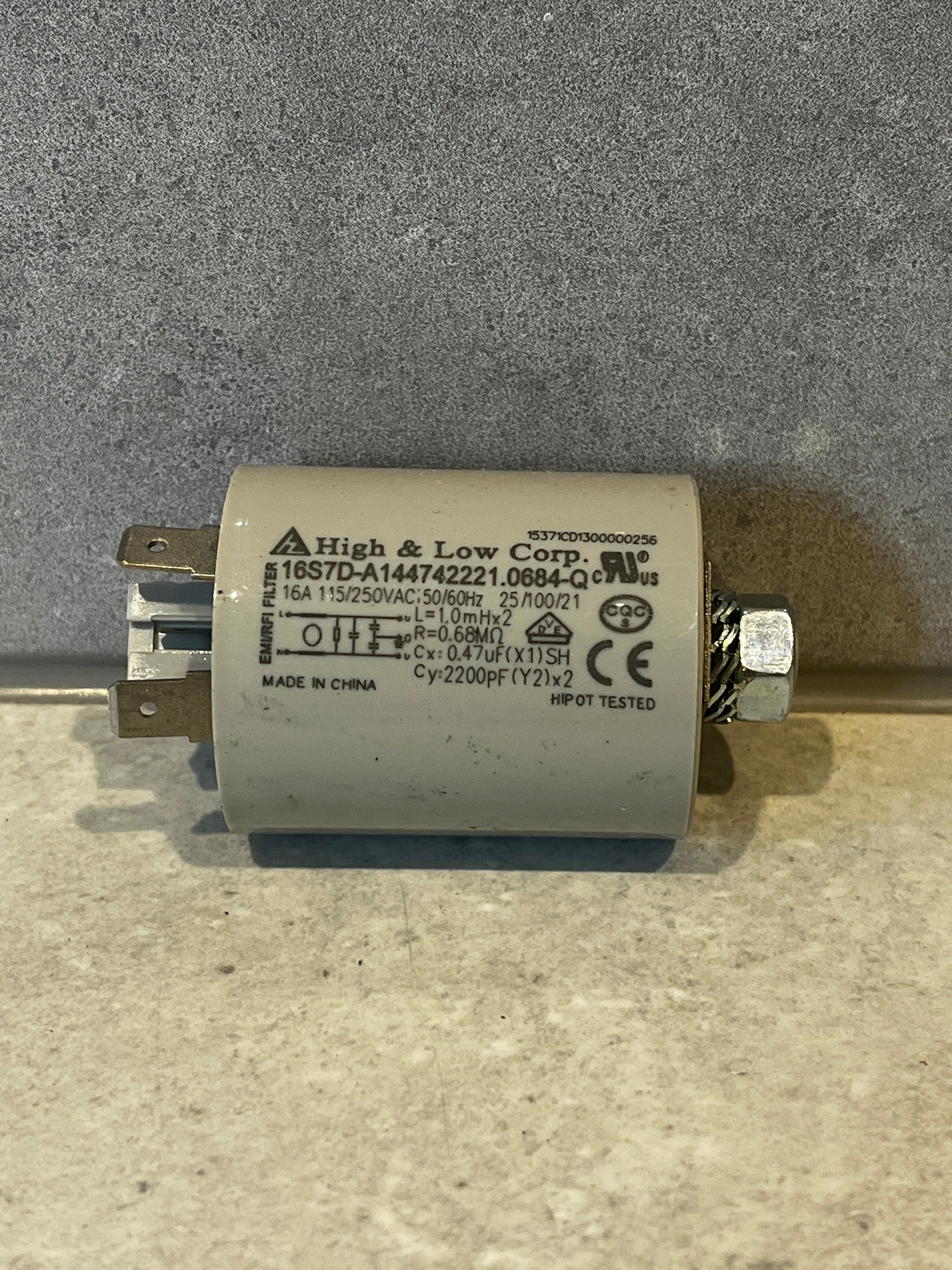 High & Low Corp. EMI power line filter with visible specifications and connections