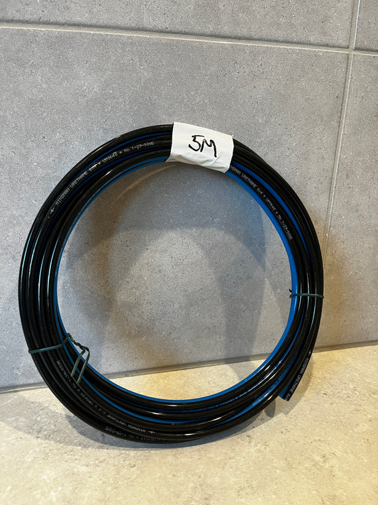 Coiled 5-meter black urethane air hose tube with blue stripe wrapped with a label marked 5M