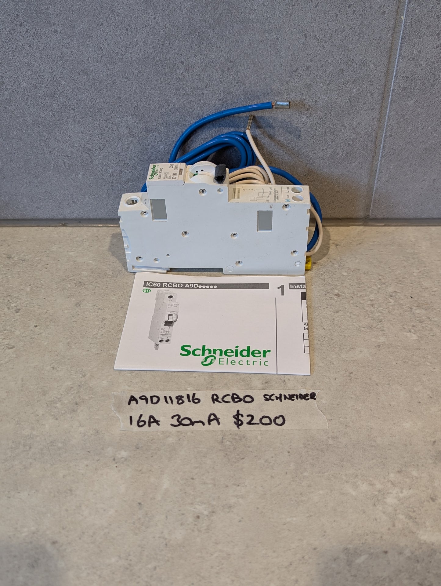 Schneider Electric RCBO circuit breaker with installation manual and wiring