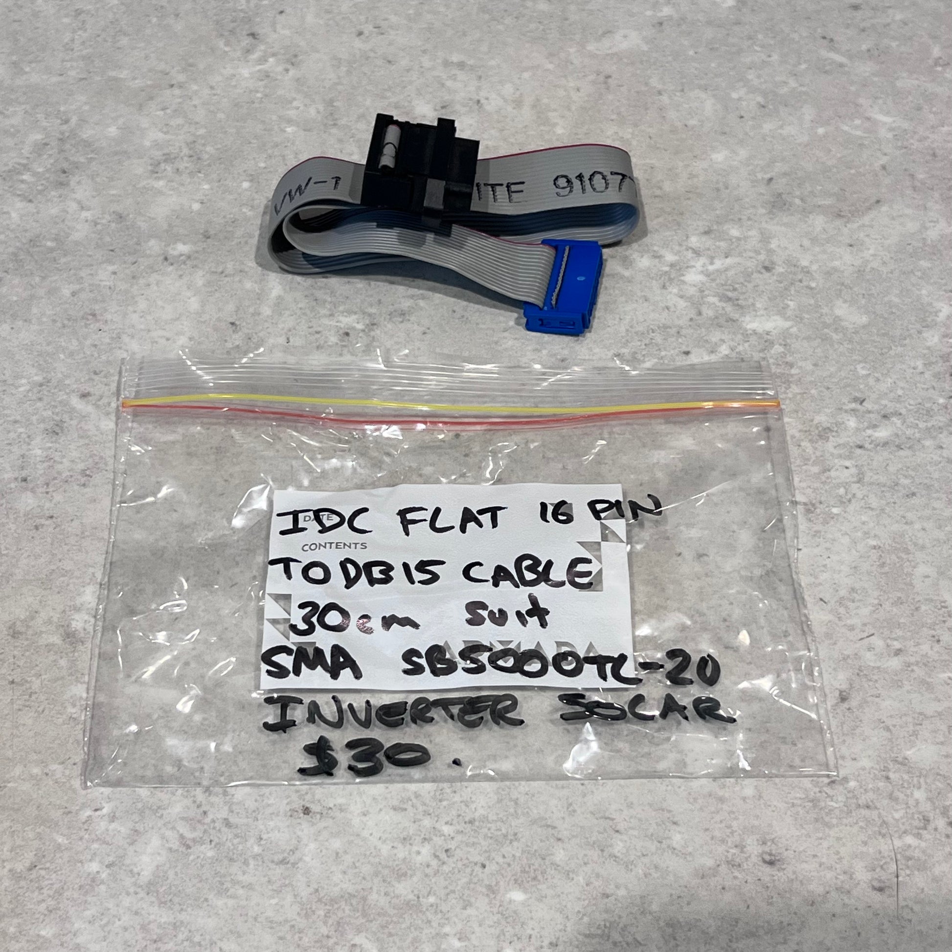TENSOLITE IDC flat 16 pin TODB15 cable with label and storage bag on countertop