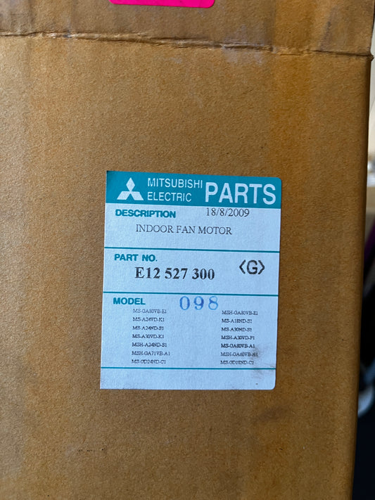 Mitsubishi Electric indoor fan motor part label on cardboard box