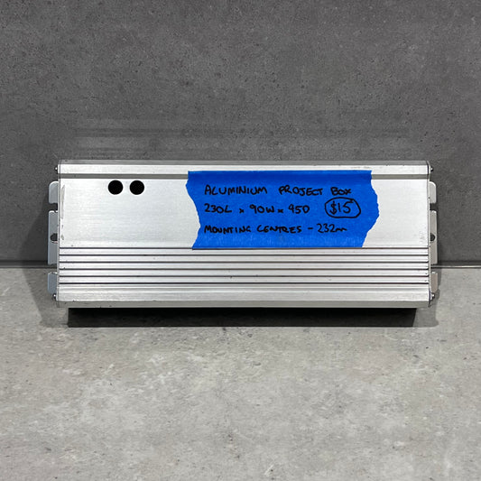 Front view of aluminum project box with blue label showing size and mounting details