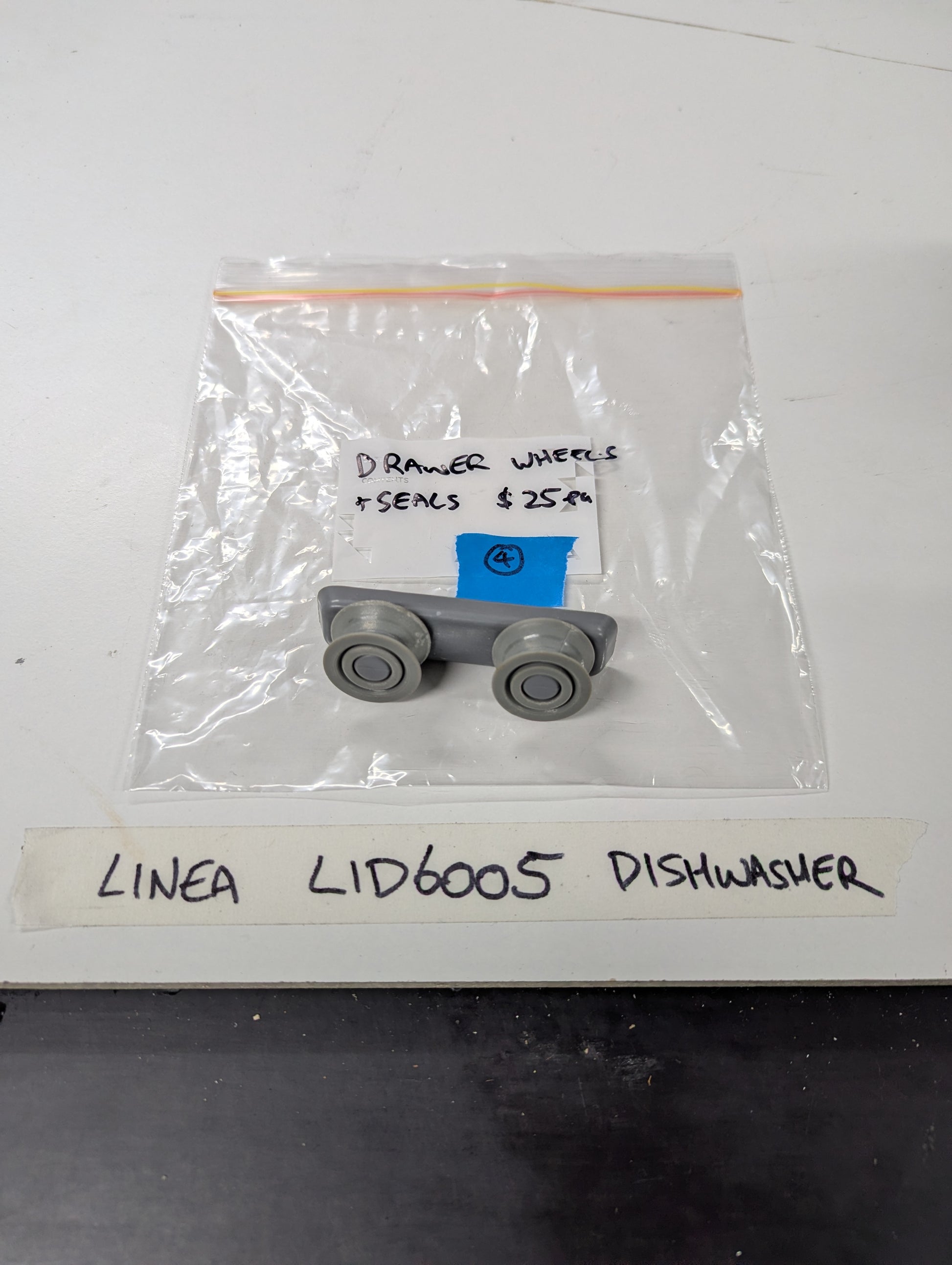 Linea LID6005 dishwasher drawer wheels and seals set in clear plastic bag