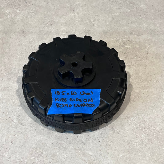 Black 185x60 replacement wheel for kids ride-on vehicle compatible with R390 gearbox