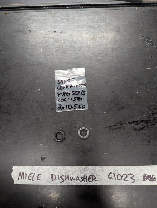 Two pipe seals and labeled bag for Miele dishwasher G1023 salt container