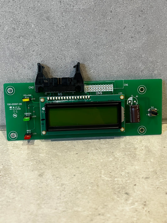 LCD display circuit board module with LED indicators and socket on green PCB