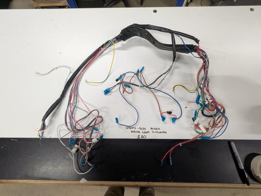 Midea dishwasher wiring loom harness on white table with color-coded wires and connectors