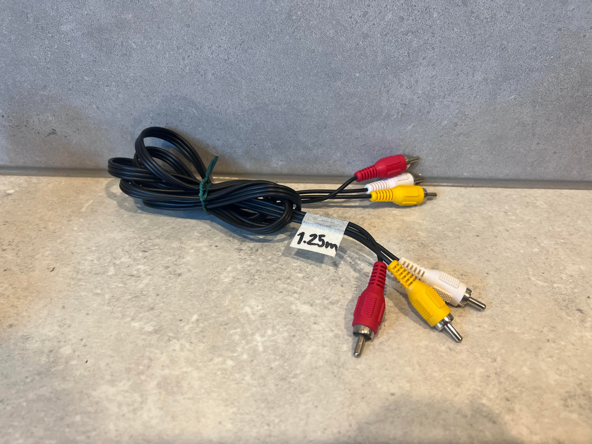 Coiled 1.25 meter RCA audio video cable with red, white, and yellow connectors on a stone surface