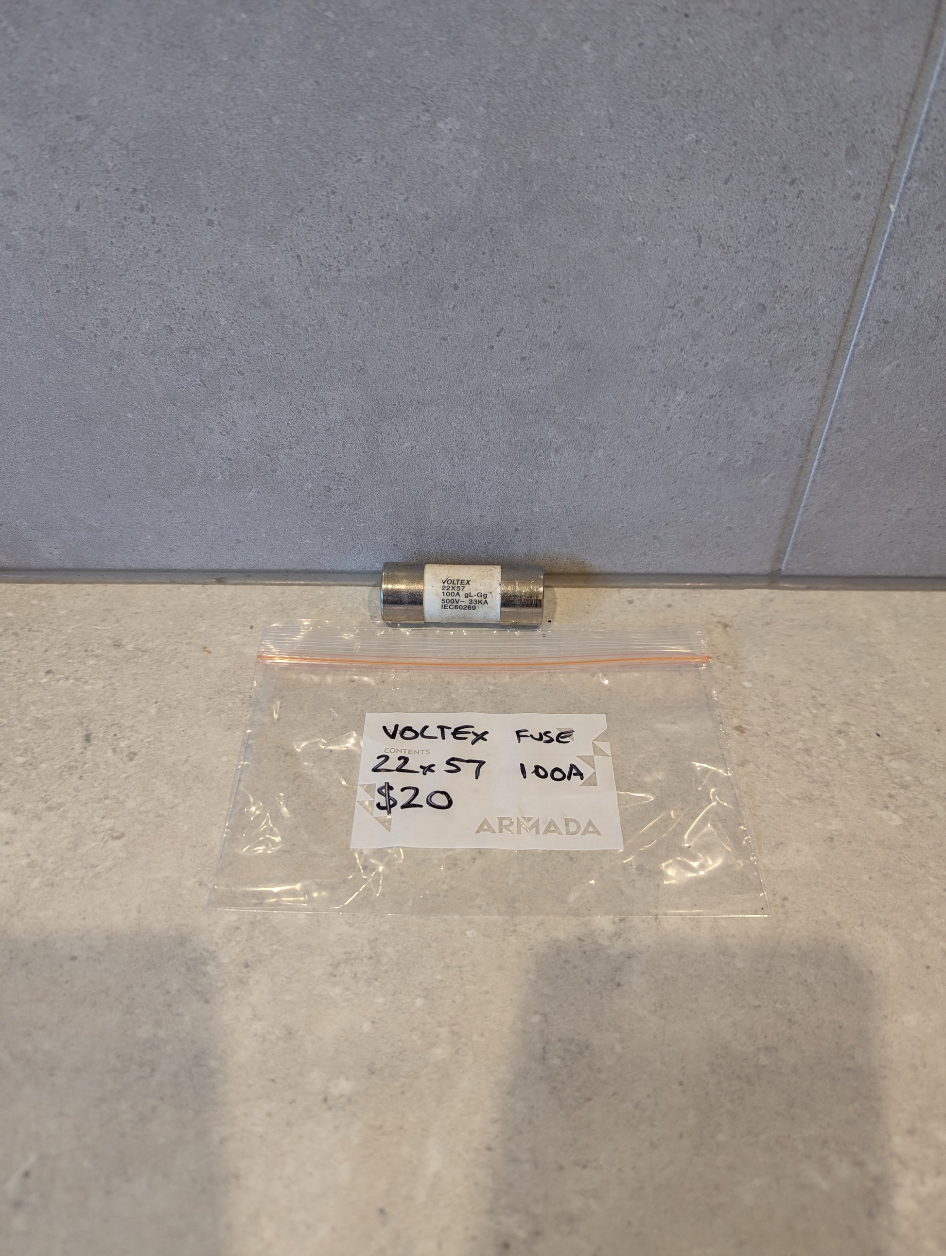 Voltex 22x57 100A fuse with labeled plastic bag on countertop