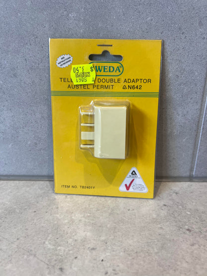 Front view of Sweda Telephone Double Adaptor in retail packaging
